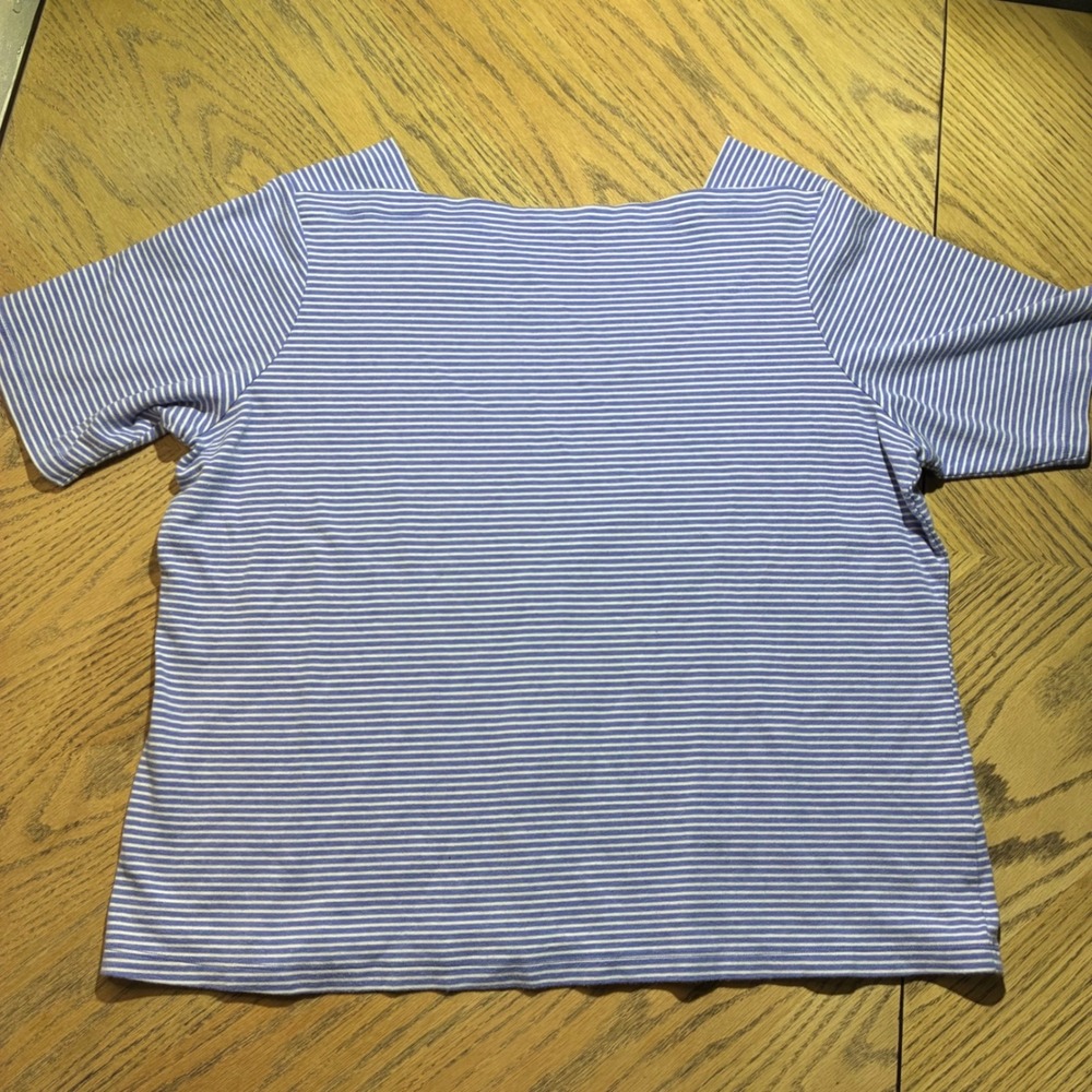 LL Bean Women 2X Blue White Striped Boat Neck Cotton Short Sleeve Tee 300194